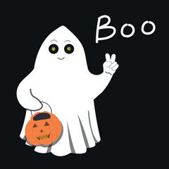 Halloween ghost print boo. The ghost makes a gesture Peace. Boo cute white character spirit holiday. Halloween vector hand drawn illustration