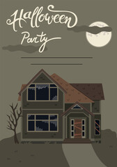Halloween Party Invitation Card. Haunted House with Dark Horror Atmosphere. 