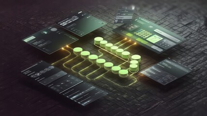 Abstract data pipeline visualization with glowing connections and interface elements