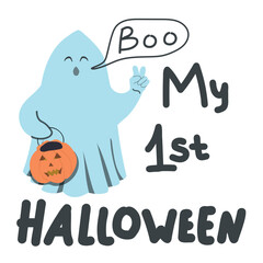 My first Halloween. The ghost makes a gesture Peace. Lettering. Ideal for a T-shirt. Halloween vector hand drawn illustration