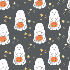 Seamless pattern ghost with basket and star in hand drawn style. Halloween vector background. Ideal for fabric printing, packaging
