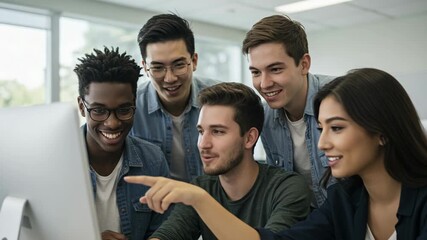 A diverse group of university students collaborates enthusiastically around a computer screen - Powered by Adobe