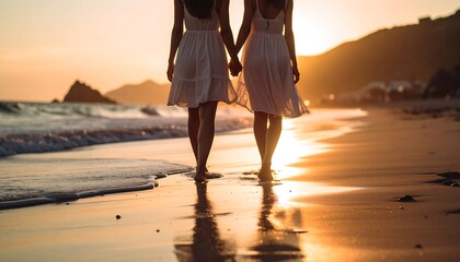 Two Women Walking Together on Beach at Sunset Holding Hands