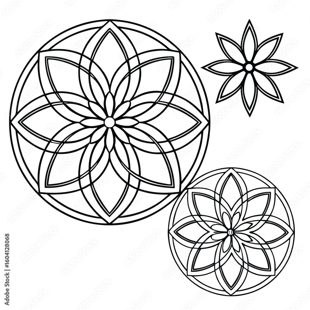 Poster intricate geometric line art pattern with symmetrical design elements isolated on white background
