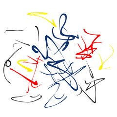 Chaotic abstract pattern of energetic scribbles, lines, and loops in red, blue, yellow, and black on a white background, suggesting movement and creativity.