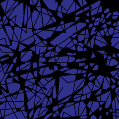 Abstract seamless pattern with sharp, shattered geometric fragments and intersecting lines in black on a dark blue background, creating a dynamic texture.