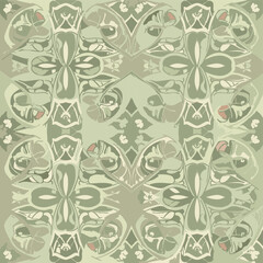 Ornate seamless abstract pattern with organic, fluid, and stylized floral shapes in muted green, beige, and subtle pink, conveying a vintage botanical feel.