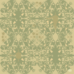Subtle seamless vintage floral pattern with elegant scrollwork and organic shapes in muted sage green and beige, conveying a delicate, classic feel.