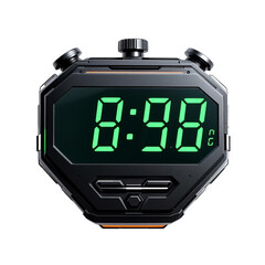 A close up of a digital clock with a black frame displaying the time of eight fifty eight