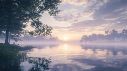 Misty lake sunrise, tranquil forest scene