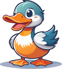 Cartoon Orange, Blue & White Duck Vector with Thick Bold Outlines and Happy Expression