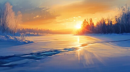 Winter sunrise over frozen river