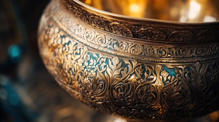 Ornate golden bowl with intricate carvings