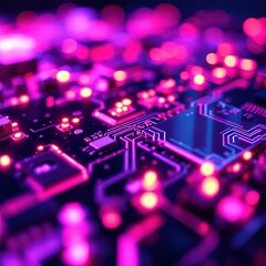 A close up of a circuit board with purple and blue lighting creating a futuristic aesthetic look