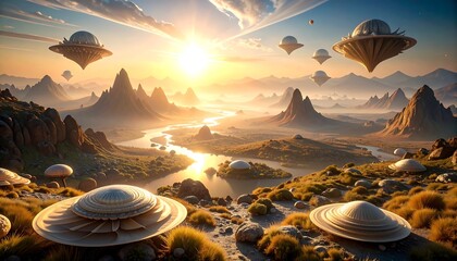 Ufos Over Mountain Valley Landscape at Sunrise