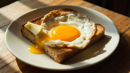 "Fried Egg on Toast for Breakfast", "Plate of Toast with Sunny Side Up Egg for Breakfast", "Healthy Breakfast with Egg on Toast and Butter"
