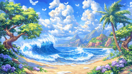 Tropical beach scene with crashing waves, lush vegetation, and a bright sky