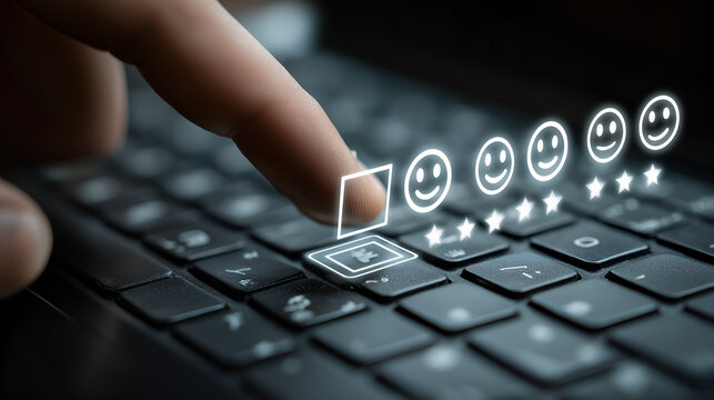 Customer Experience at Its Finest: A close-up shot of a hand interacting with a digital customer satisfaction survey, offering a choice from a series of smiling faces and stars.
