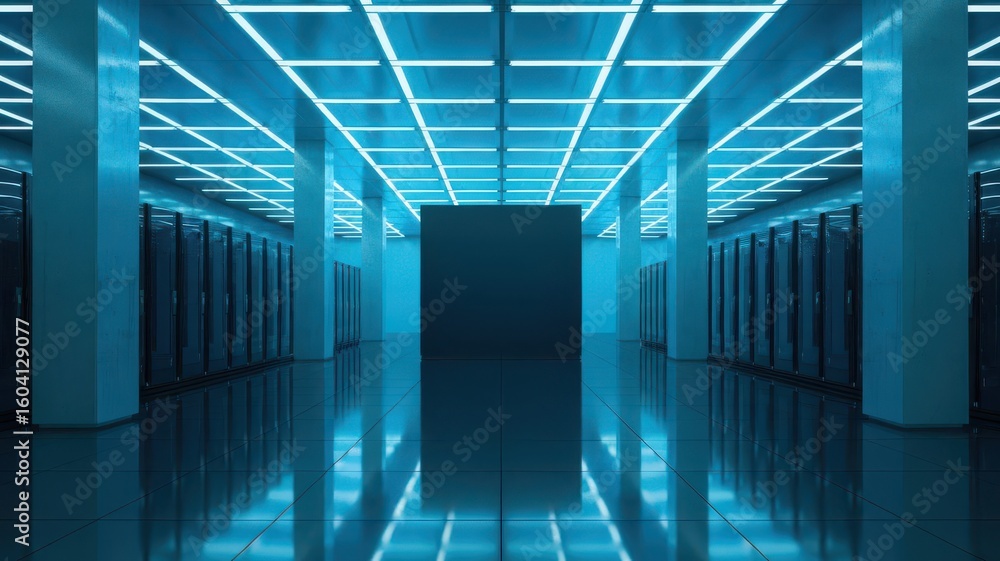 Aufkleber illuminated server room with reflective floor and data storage racks