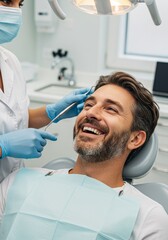 Smiling Man Receiving Dental Examination from Healthcare Professional
