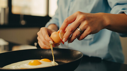 "Close-Up of Woman Cracking Eggs into Frying Pan", "Woman Cracking Eggs for Cooking in Kitchen", "Making Breakfast with Fresh Eggs in Frying Pan"
