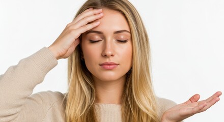 Fototapeta premium Worried young woman with hand on head expresses stress and uncertainty.