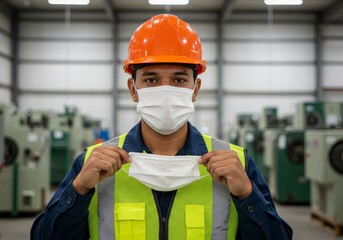 Industrial Worker Holding Protective Face Mask in Factory