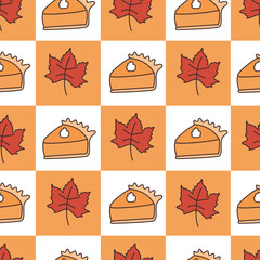 cute autumn fall season hand drawn checkered seamless vector pattern background illustration with pumpkin pie and leaves