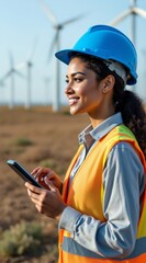 Female Engineer Inspects Wind Turbines with Digital Tablet