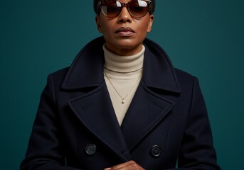 Stylish woman in winter coat and sunglasses poses confidently.