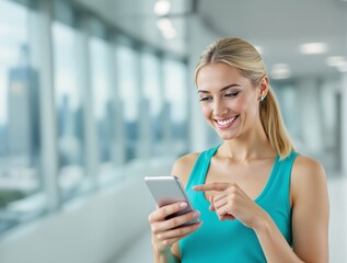 Smiling woman using smartphone in modern building hallway.