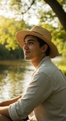 Young man in straw hat gazes peacefully by the river.