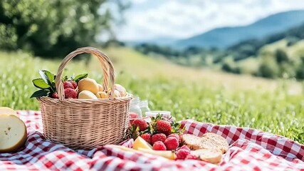 Picnic basket with fresh fruit and bread on a checkered tablecloth in a grassy field - Powered by Adobe