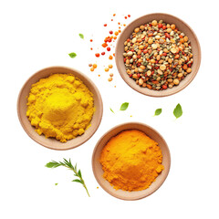 Aerial view of three wooden bowls filled with turmeric powder and a mix of beans on a black background
