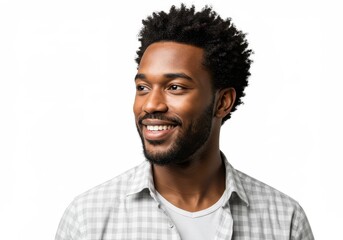 Smiling young man with afro and beard looks to the side.