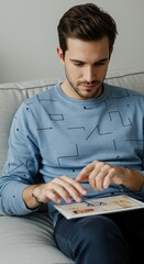 Focused young man using tablet on a comfortable sofa.