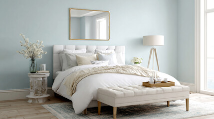 Pale blue bedroom with white tufted bed and wooden floor
