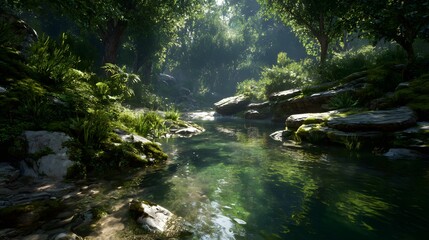 Capture serene crystal clear stream flowing through vibrant green forest sunlight filtering through dense tree casting soft shadow mossy rock white background make lush green foliage flowing water