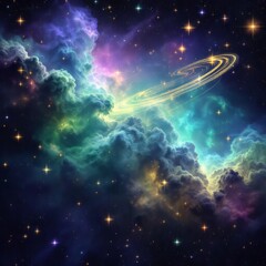 A vibrant nebula with swirling clouds and golden rings amidst a starry cosmic background view
