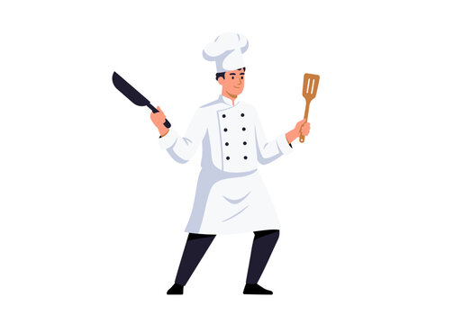 A chef in whites holding a spatula and knife with a jovial expression