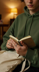 Focused young adult writing in a small notebook.