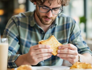 Young man enjoying a simple sandwich at a cafe.
