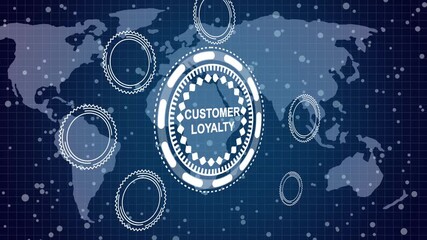 A Business Customer Loyalty concept ,Blue wave digital data flow. Seamless loop technology network background concept .  3d animation and grid maps background.