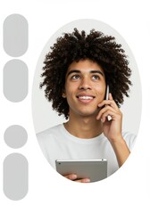 Smiling young man with curly hair talking on phone and holding tablet.
