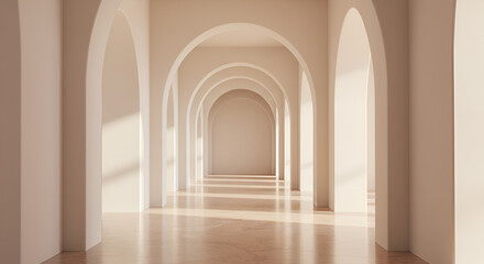 Empty arched hallway bathed in sunlight