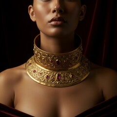 Elegant woman wearing ornate golden collar necklace with ruby gemstones.