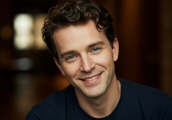 Smiling young man with blue eyes and curly hair poses for a portrait.