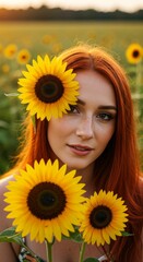 Radiant redhead woman amidst a vibrant sunflower field at sunset.