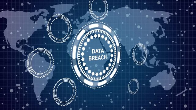 A Data Breach button on a clear projection  wave digital data flow. Seamless loop technology network background concept . Futuristic digital technology animated. 3d animation and grid maps background.
