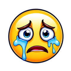 Yellow crying emoji with blue eyes and tears streaming down its face on a black background